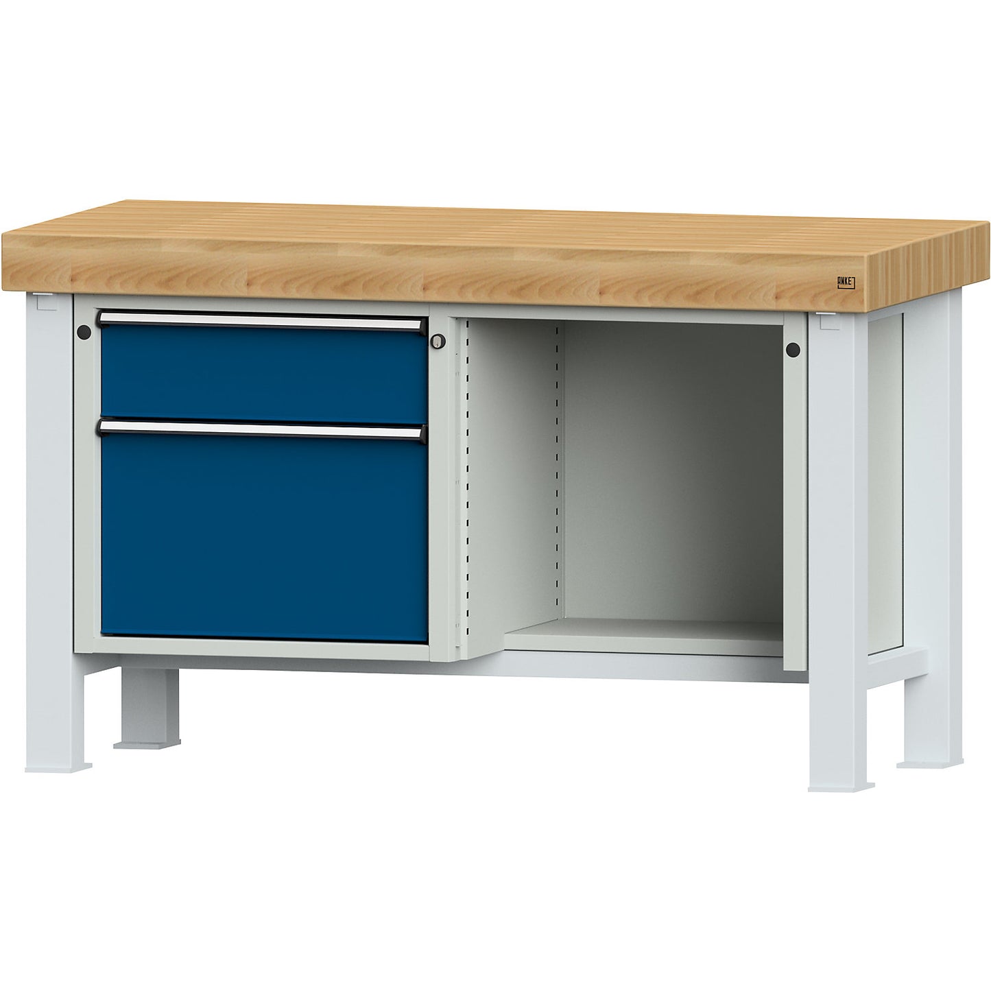 Heavy duty workbench, worktop width 1500 mm, with 1 drawer and 1 hinged door, worktop thickness 100 mm.