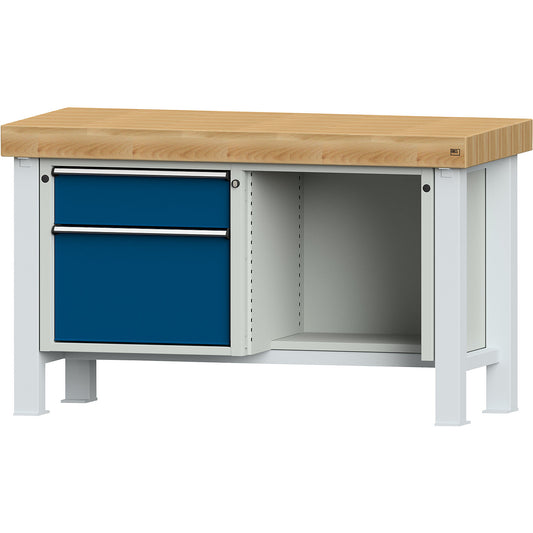 Heavy duty workbench, worktop width 1500 mm, with 1 drawer and 1 hinged door, worktop thickness 100 mm.