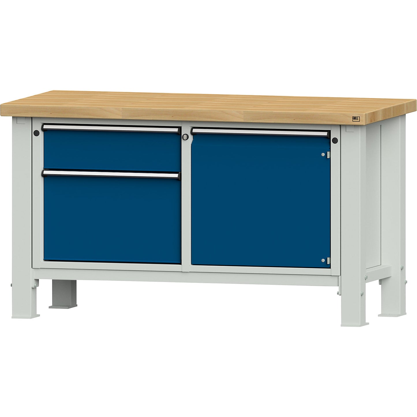 Heavy duty workbench, worktop width 1500 mm, 1 drawer, 2 hinged doors, worktop thickness 50 mm.