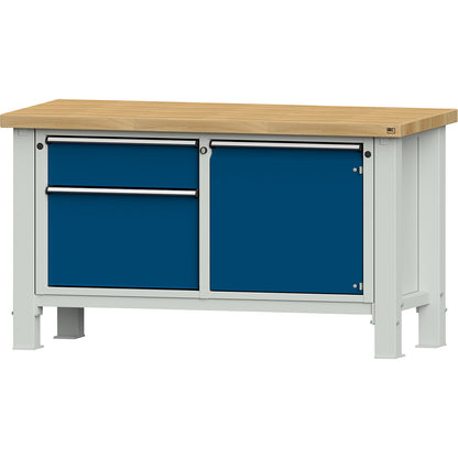 Heavy duty workbench, worktop width 1500 mm, 1 drawer, 2 hinged doors, worktop thickness 50 mm.