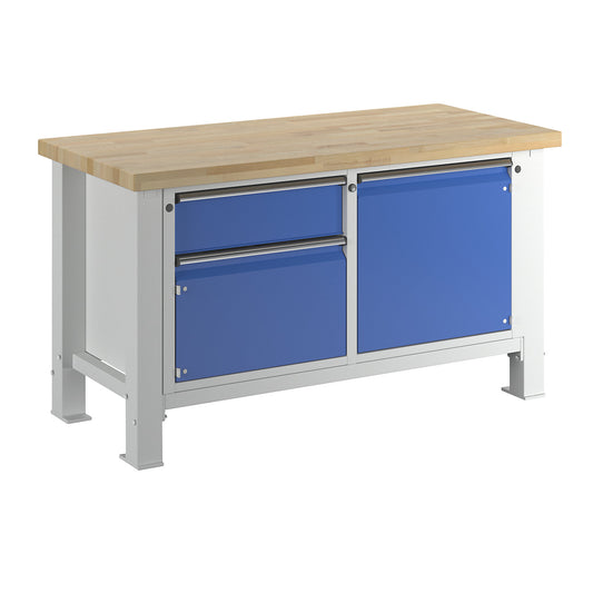 Heavy duty workbench, worktop width 1500 mm, 1 drawer, 2 hinged doors, worktop thickness 50 mm.