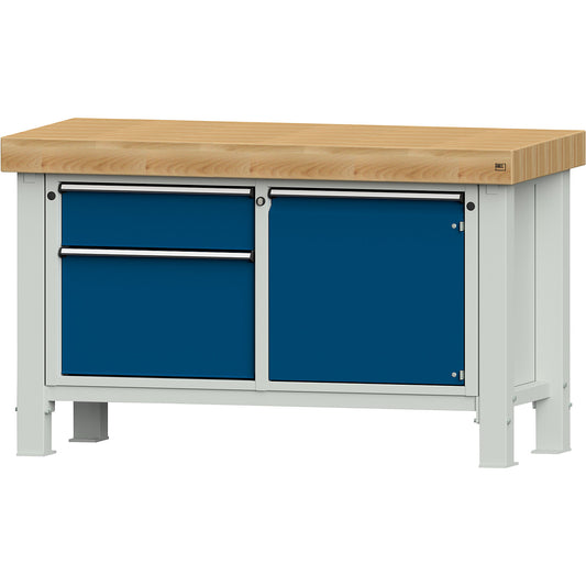 Heavy duty workbench, worktop width 1500 mm, 1 drawer, 2 hinged doors, worktop thickness 100 mm.
