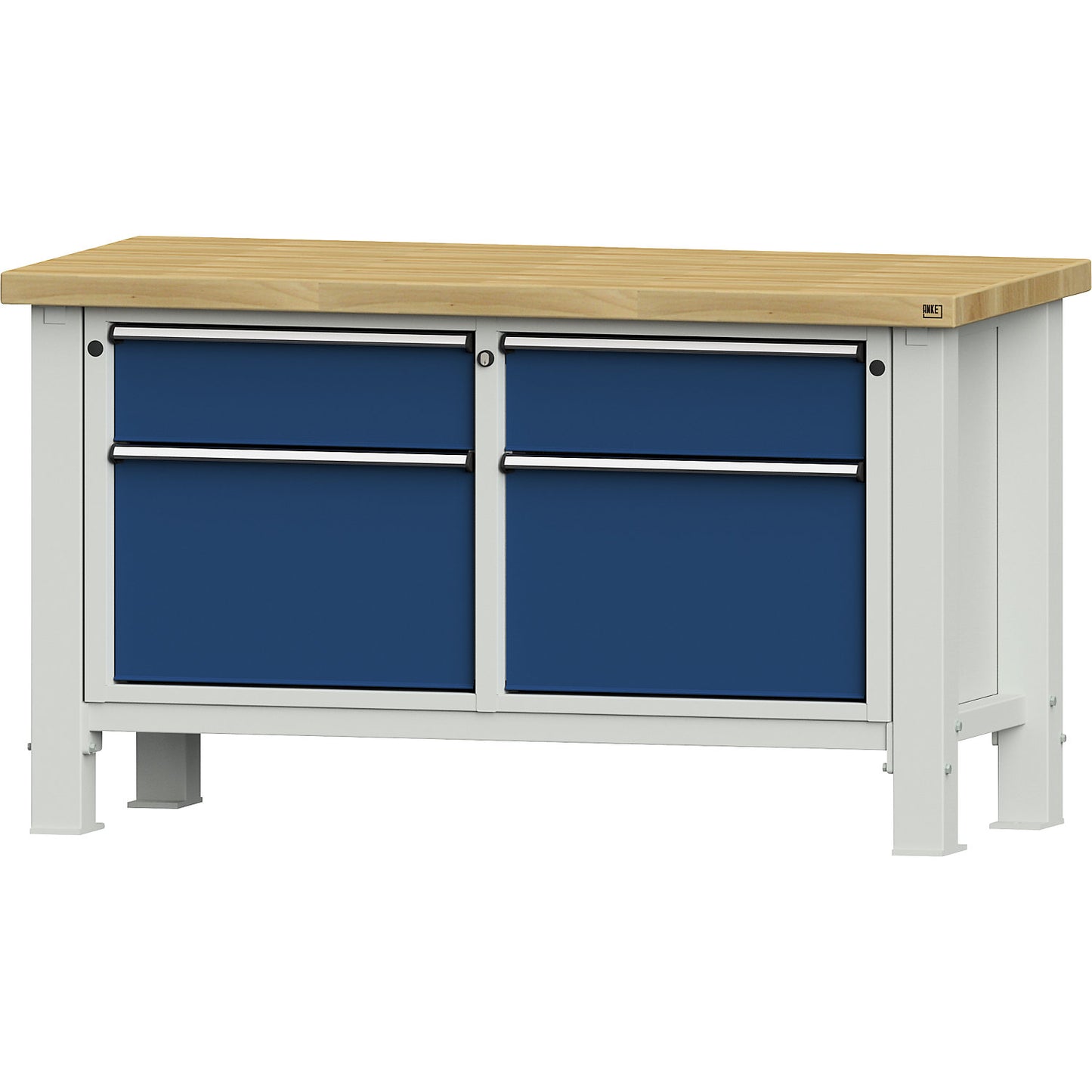 Heavy duty workbench, worktop width 1500 mm, with 2 drawers and 2 hinged doors, worktop thickness 50 mm.