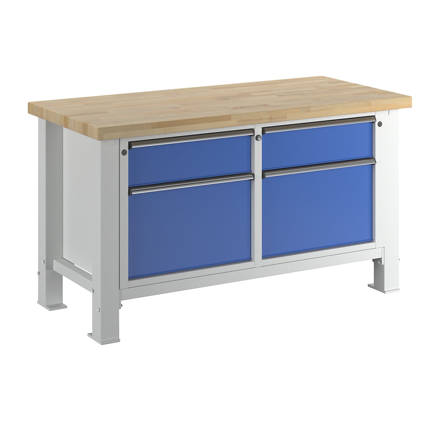 Heavy duty workbench, worktop width 1500 mm, with 2 drawers and 2 hinged doors, worktop thickness 50 mm.