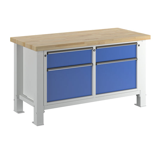 Heavy duty workbench, worktop width 1500 mm, with 2 drawers and 2 hinged doors, worktop thickness 50 mm.