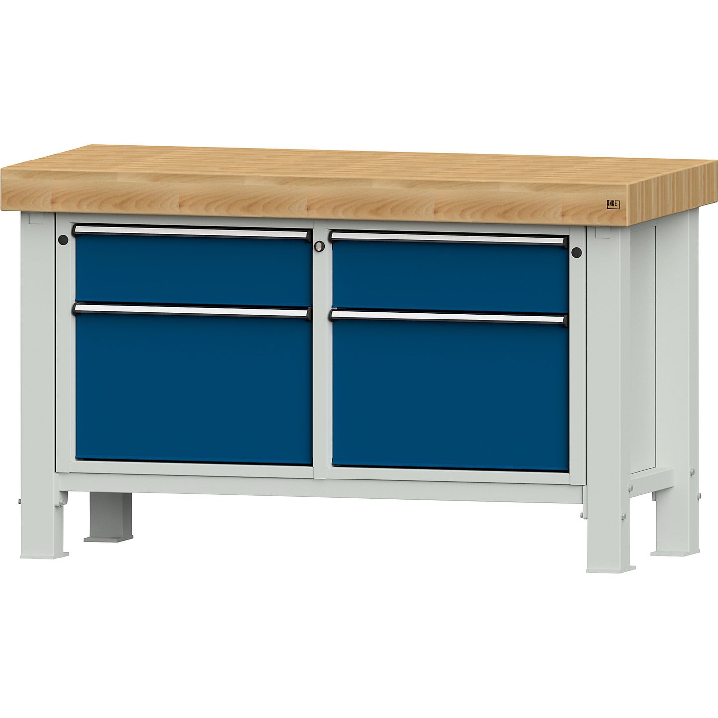 Heavy duty workbench, worktop width 1500 mm, with 2 drawers and 2 hinged doors, worktop thickness 100 mm.