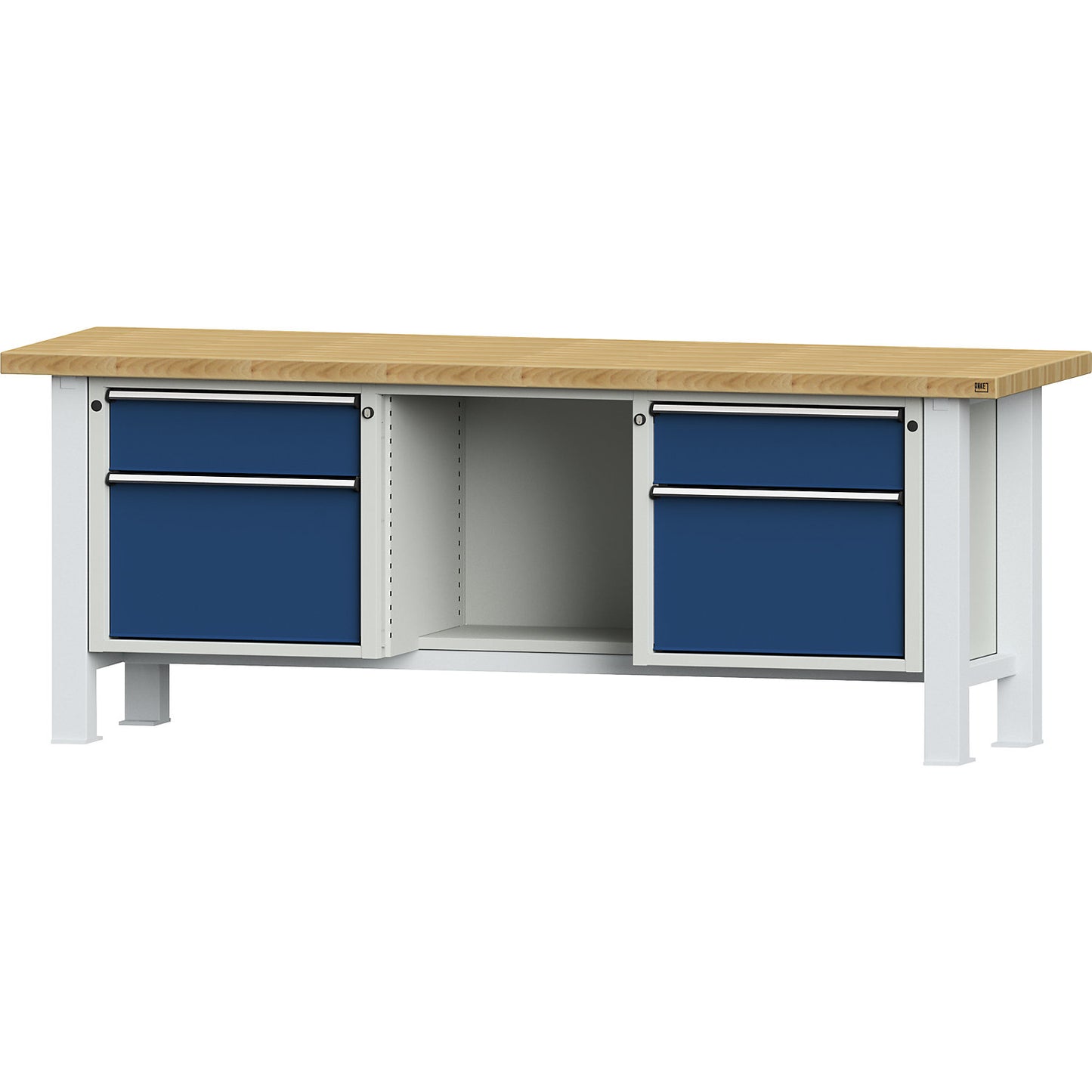 Heavy duty workbench, worktop width 2250 mm, with 2 drawers and 2 hinged doors, worktop thickness 50 mm.