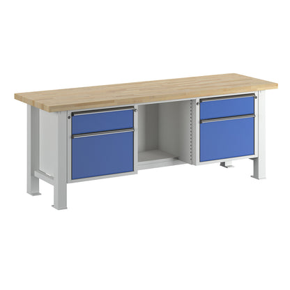 Heavy duty workbench, worktop width 2250 mm, with 2 drawers and 2 hinged doors, worktop thickness 50 mm.