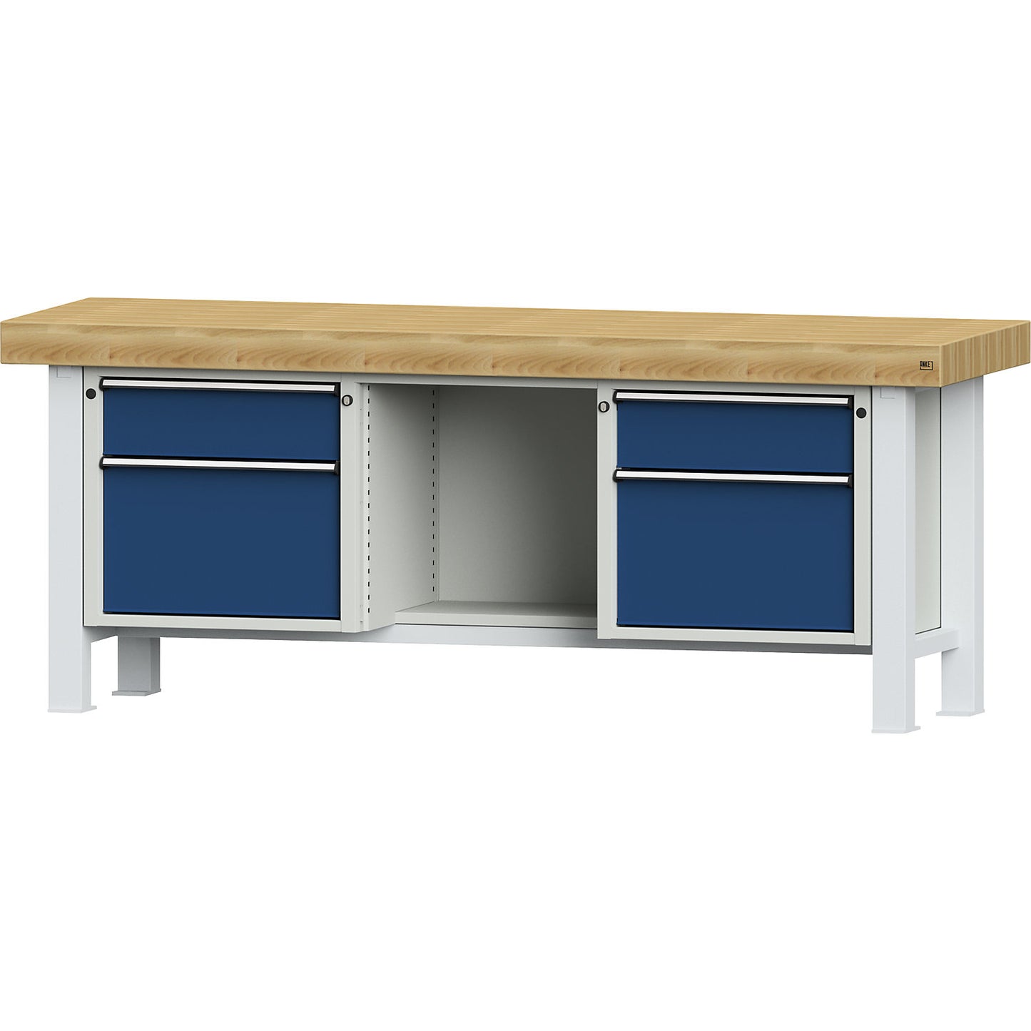 Heavy duty workbench, worktop width 2250 mm, with 2 drawers and 2 hinged doors, worktop thickness 100 mm.