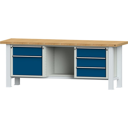 Heavy duty workbench, worktop width 2250 mm, with 4 drawers and 1 hinged door, worktop thickness 50 mm.