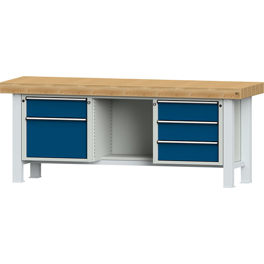 Heavy duty workbench, worktop width 2250 mm, with 4 drawers and 1 hinged door, worktop thickness 100 mm.