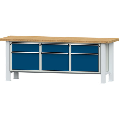 Heavy duty workbench, worktop width 2250 mm, with 3 drawers and 3 hinged doors, worktop thickness 50 mm.