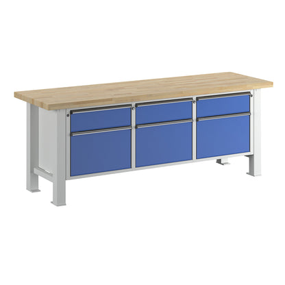 Heavy duty workbench, worktop width 2250 mm, with 3 drawers and 3 hinged doors, worktop thickness 50 mm.