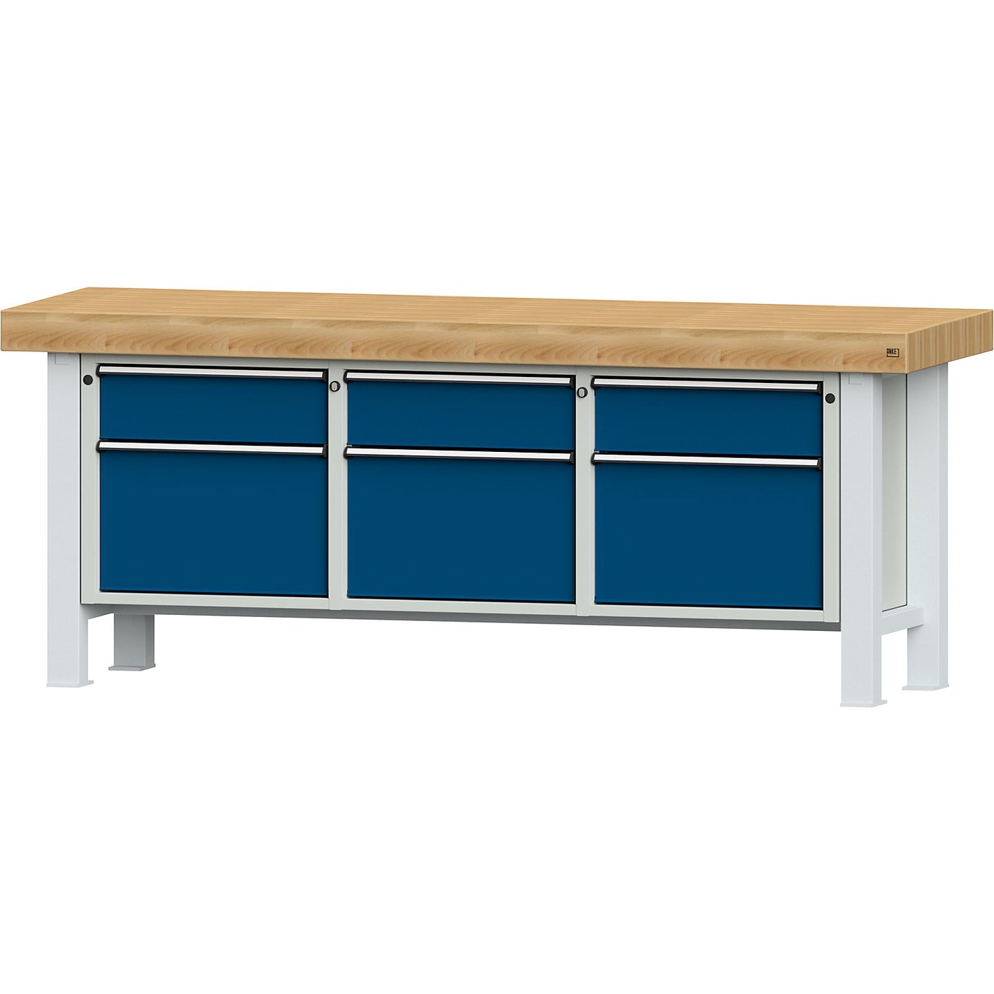 Heavy duty workbench, worktop width 2250 mm, with 3 drawers and 3 hinged doors, worktop thickness 100 mm.