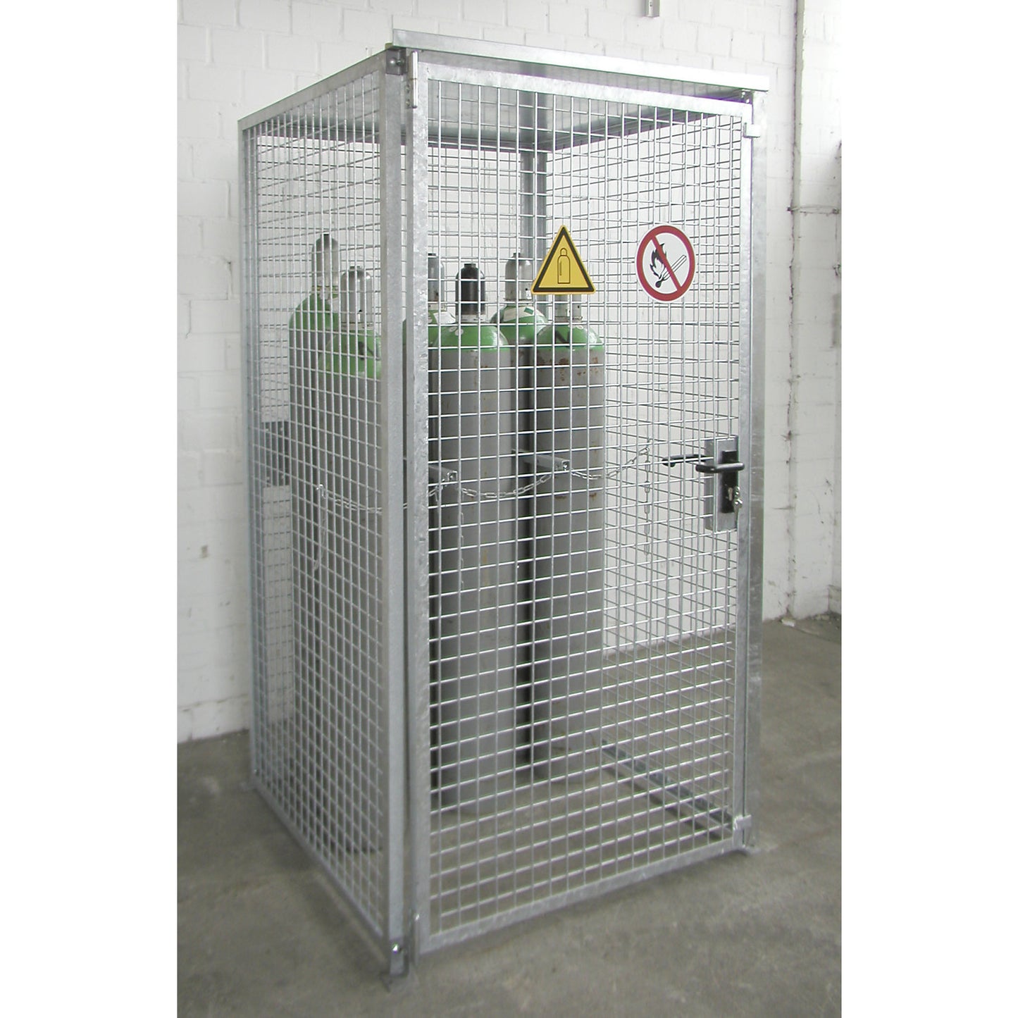 Mesh gas cylinder cage, with roof and single hinged door, WxD 1085 x 1085 mm.