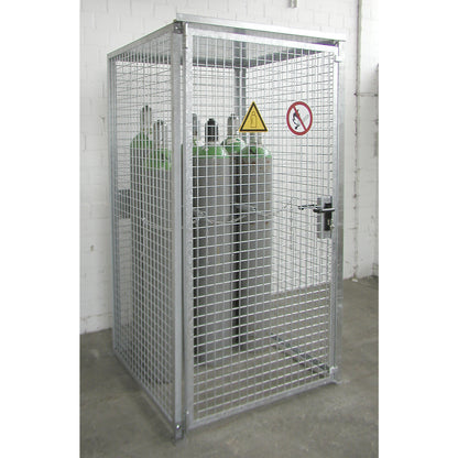 Mesh gas cylinder cage, with roof and single hinged door, WxD 1085 x 1085 mm.