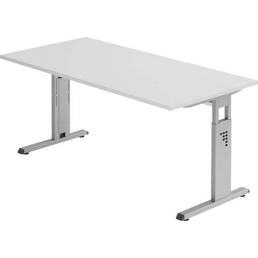 Desk with C-foot frame, height adjustable 680 - 760 mm, depth 800 mm, width 1600 mm, light grey.
