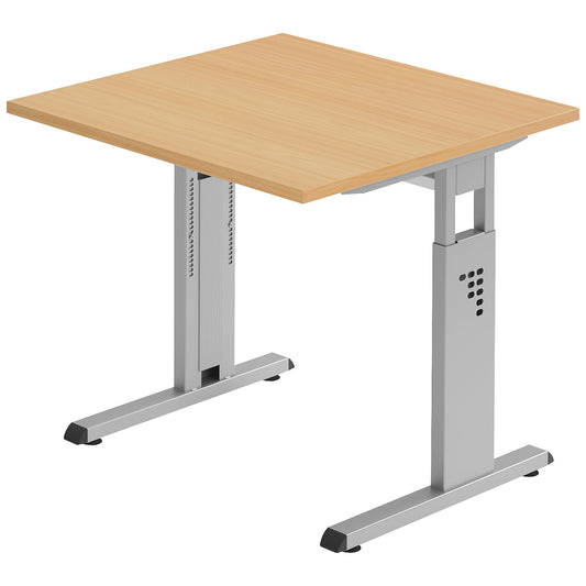 Desk with C-foot frame, height adjustable 680 - 760 mm, depth 800 mm, width 800 mm, beech finish.