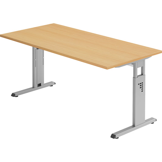 Desk with C-foot frame, height adjustable 680 - 760 mm, depth 800 mm, width 1600 mm, beech finish.