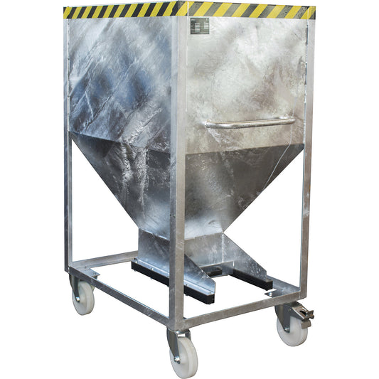 Dispensing hopper, funnel head, mobile, capacity 0.6 m³, galvanised.