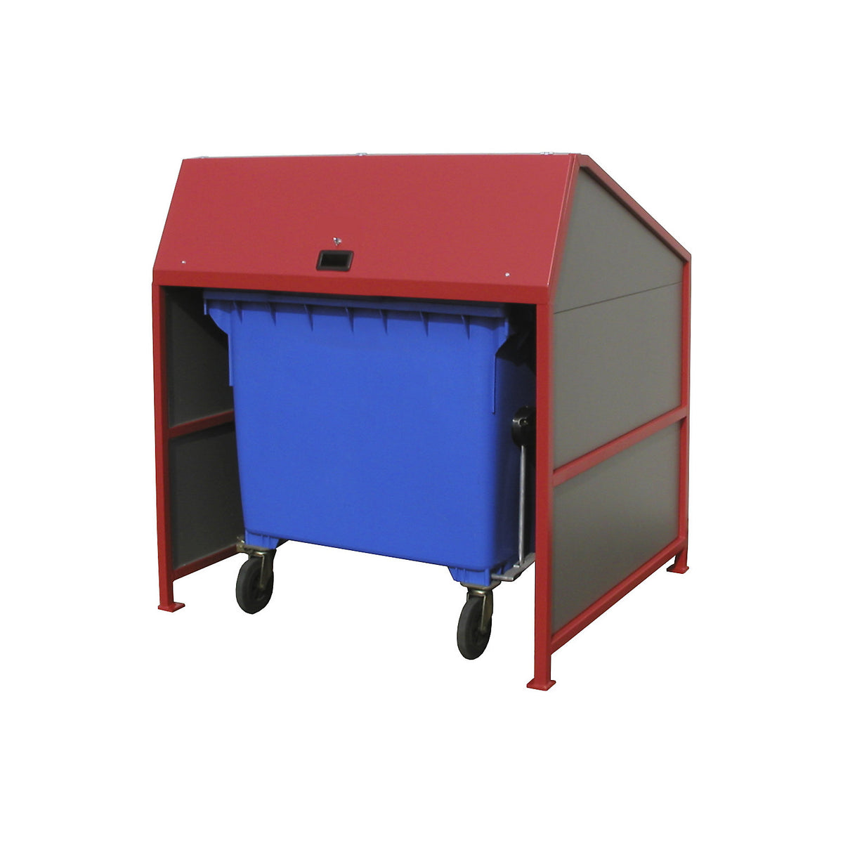 Waste bin enclosure, enclosed on 3 sides, frame in red.