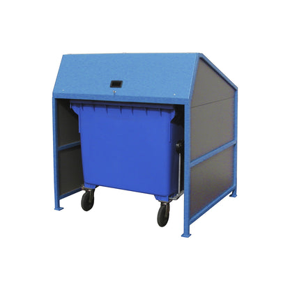 Waste bin enclosure, enclosed on 3 sides, frame in blue.
