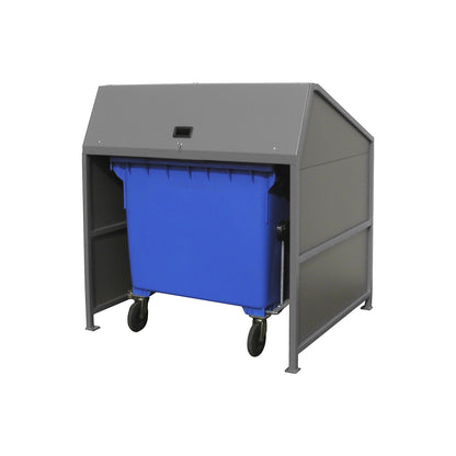 Waste bin enclosure, enclosed on 3 sides, frame in grey.