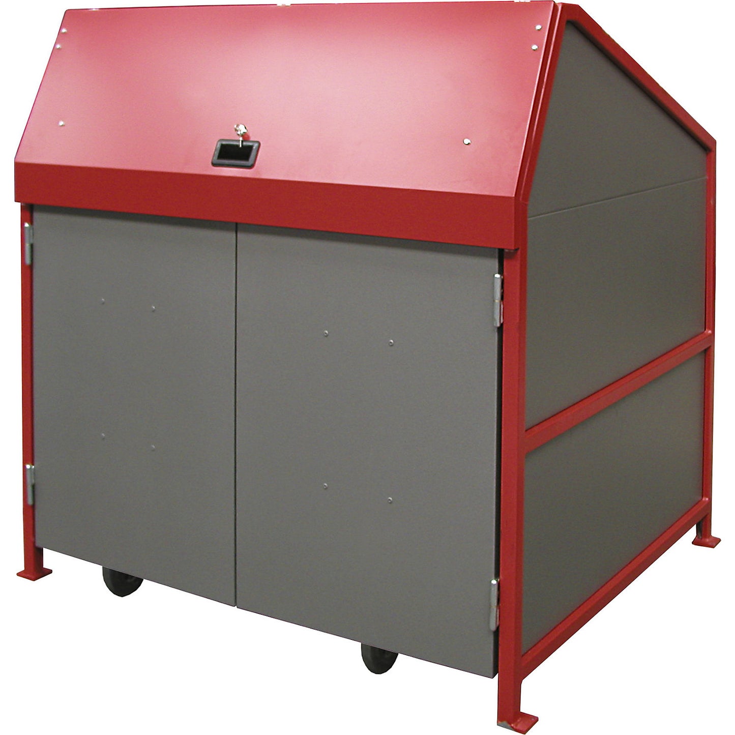 Waste bin enclosure, enclosed on 4 sides, with doors, frame in red.