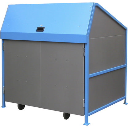 Waste bin enclosure, enclosed on 4 sides, with doors, frame in blue.