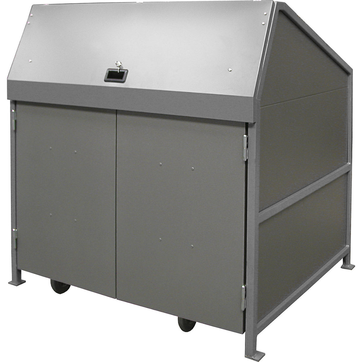 Waste bin enclosure, enclosed on 4 sides, with doors, frame in grey.