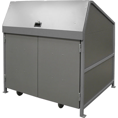 Waste bin enclosure, enclosed on 4 sides, with doors, frame in grey.