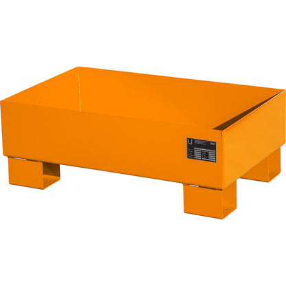 Steel sump tray, LxWxH 800 x 500 x 290 mm, painted orange RAL 2000, without grate.