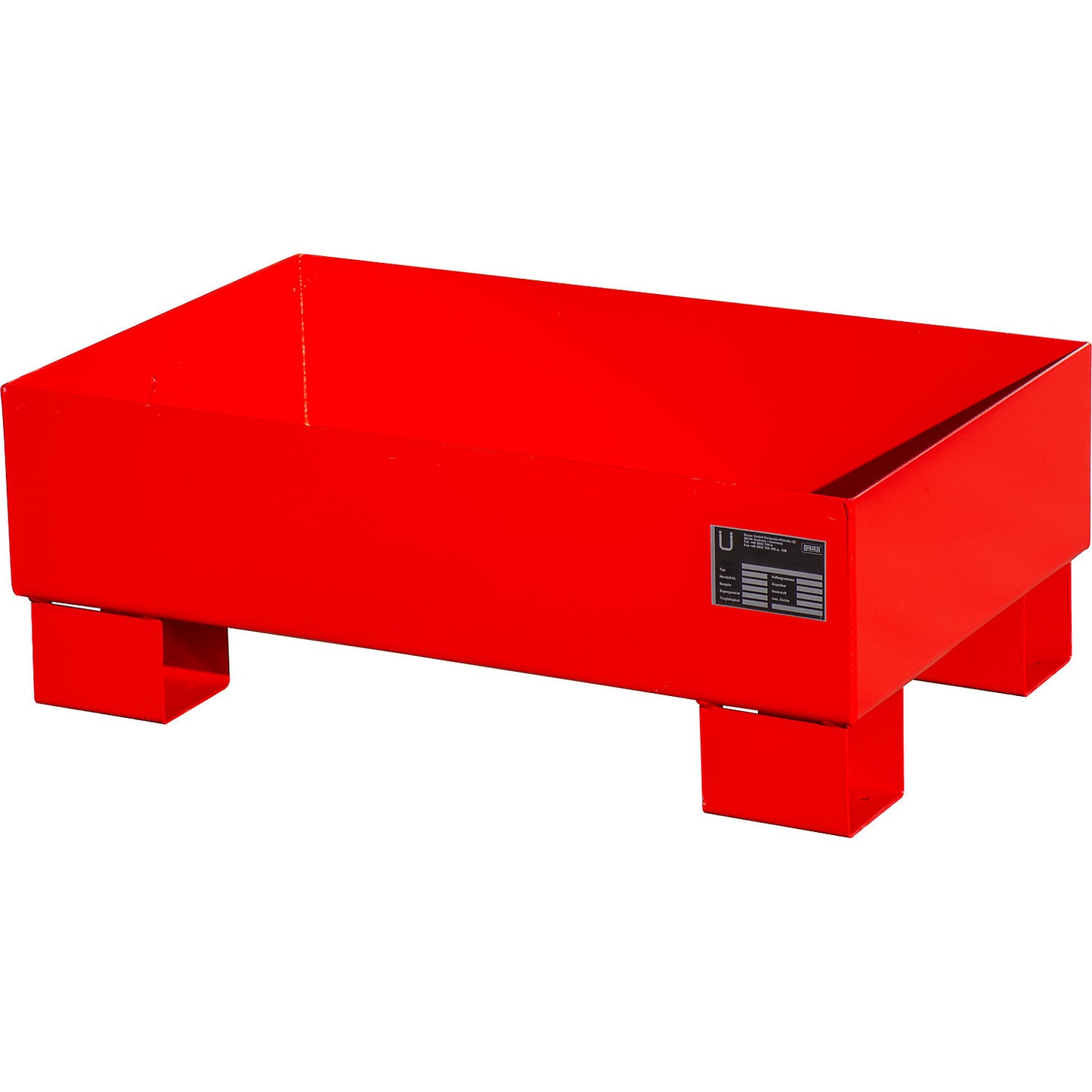 Steel sump tray, LxWxH 800 x 500 x 290 mm, painted flame red RAL 3000, without grate.