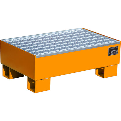 Steel sump tray, LxWxH 800 x 500 x 290 mm, painted orange RAL 2000, with grate.