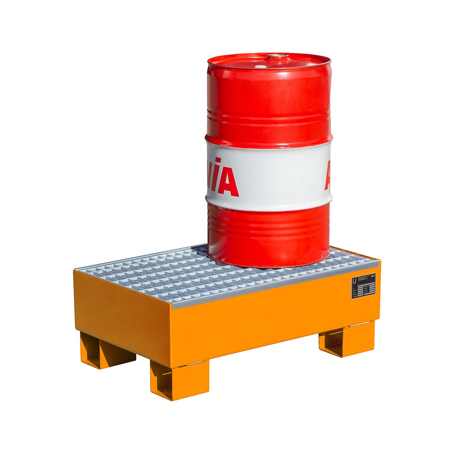 Steel sump tray, LxWxH 800 x 500 x 290 mm, painted orange RAL 2000, with grate.
