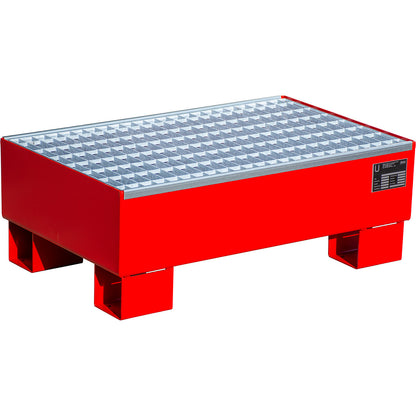 Steel sump tray, LxWxH 800 x 500 x 290 mm, painted flame red RAL 3000, with grate.