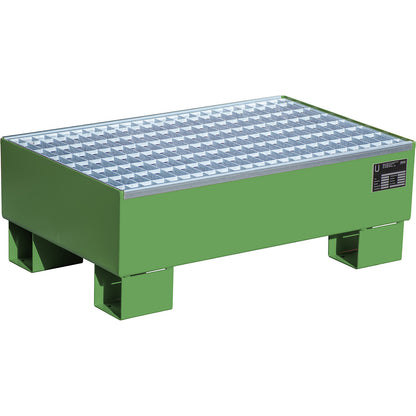 Steel sump tray, LxWxH 800 x 500 x 290 mm, painted fir green RAL 6011, with grate.