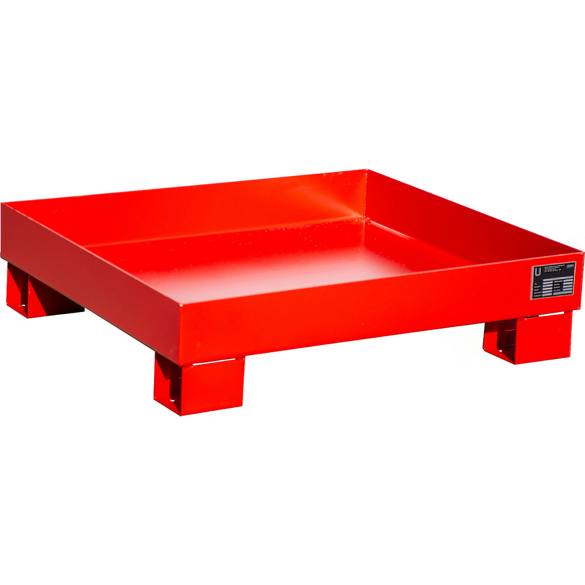 Steel sump tray, LxWxH 800 x 900 x 220 mm, painted flame red RAL 3000, without grate.