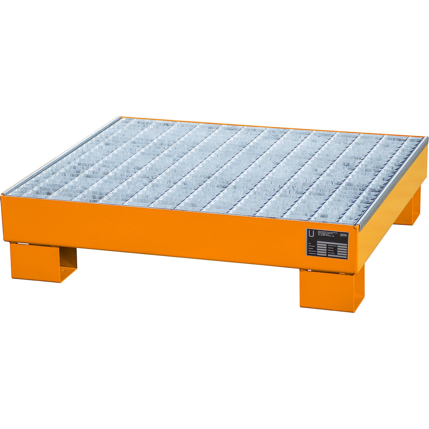 Steel sump tray, LxWxH 800 x 900 x 220 mm, painted orange RAL 2000, with grate.