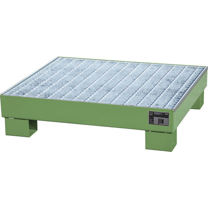 Steel sump tray, LxWxH 800 x 900 x 220 mm, painted fir green RAL 6011, with grate.
