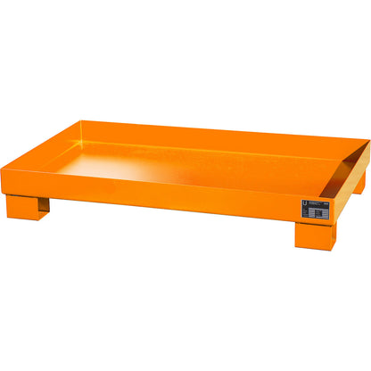 Steel sump tray, LxWxH 800 x 1300 x 205 mm, painted orange RAL 2000, without grate.