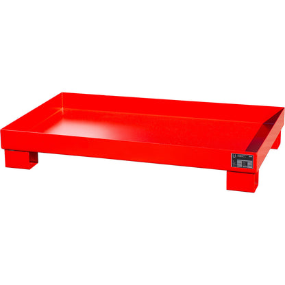 Steel sump tray, LxWxH 800 x 1300 x 205 mm, painted flame red RAL 3000, without grate.