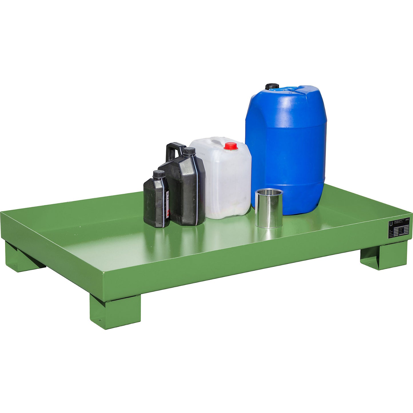 Steel sump tray, LxWxH 800 x 1300 x 205 mm, painted fir green RAL 6011, without grate.