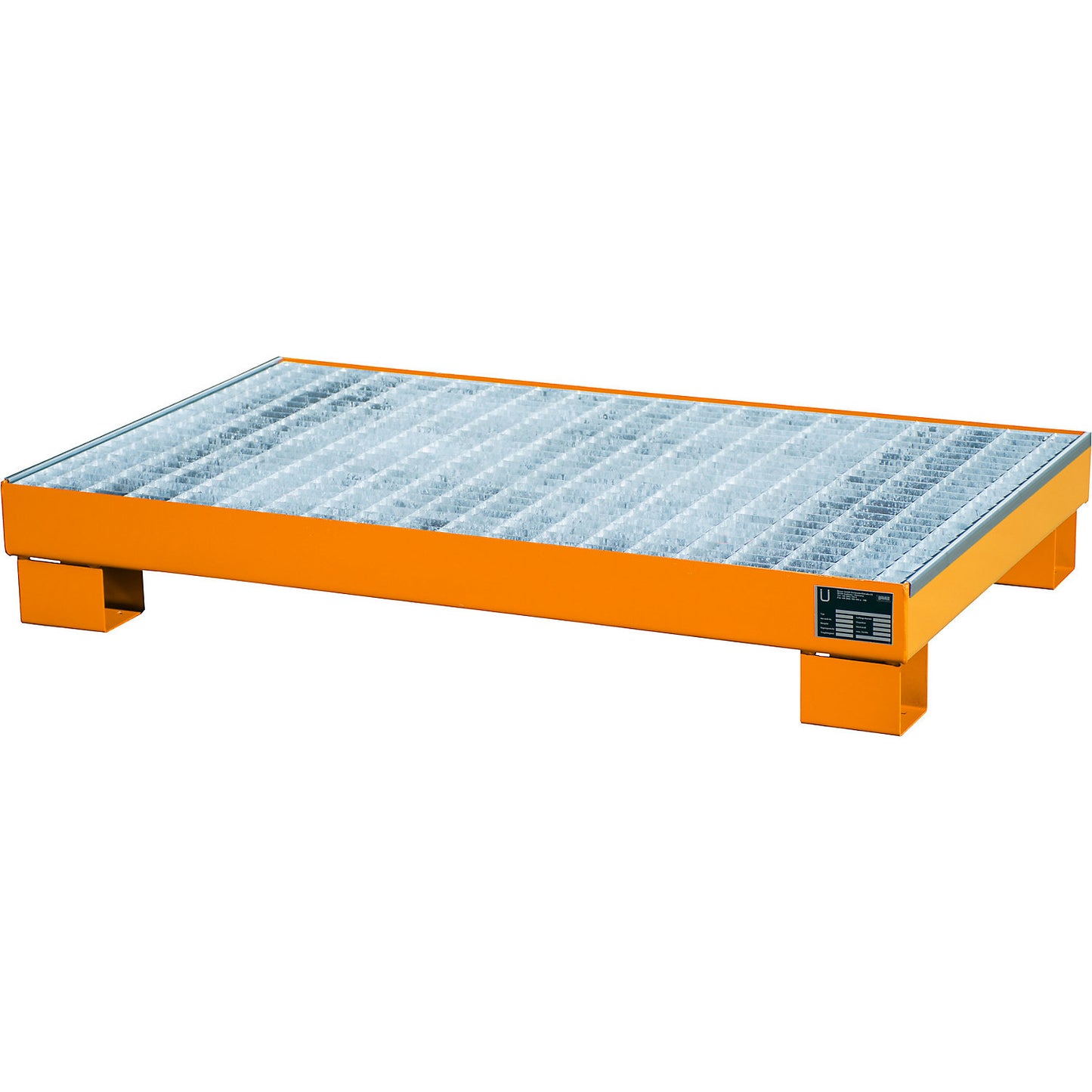 Steel sump tray, LxWxH 800 x 1300 x 205 mm, painted orange RAL 2000, with grate.