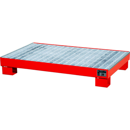 Steel sump tray, LxWxH 800 x 1300 x 205 mm, painted flame red RAL 3000, with grate.