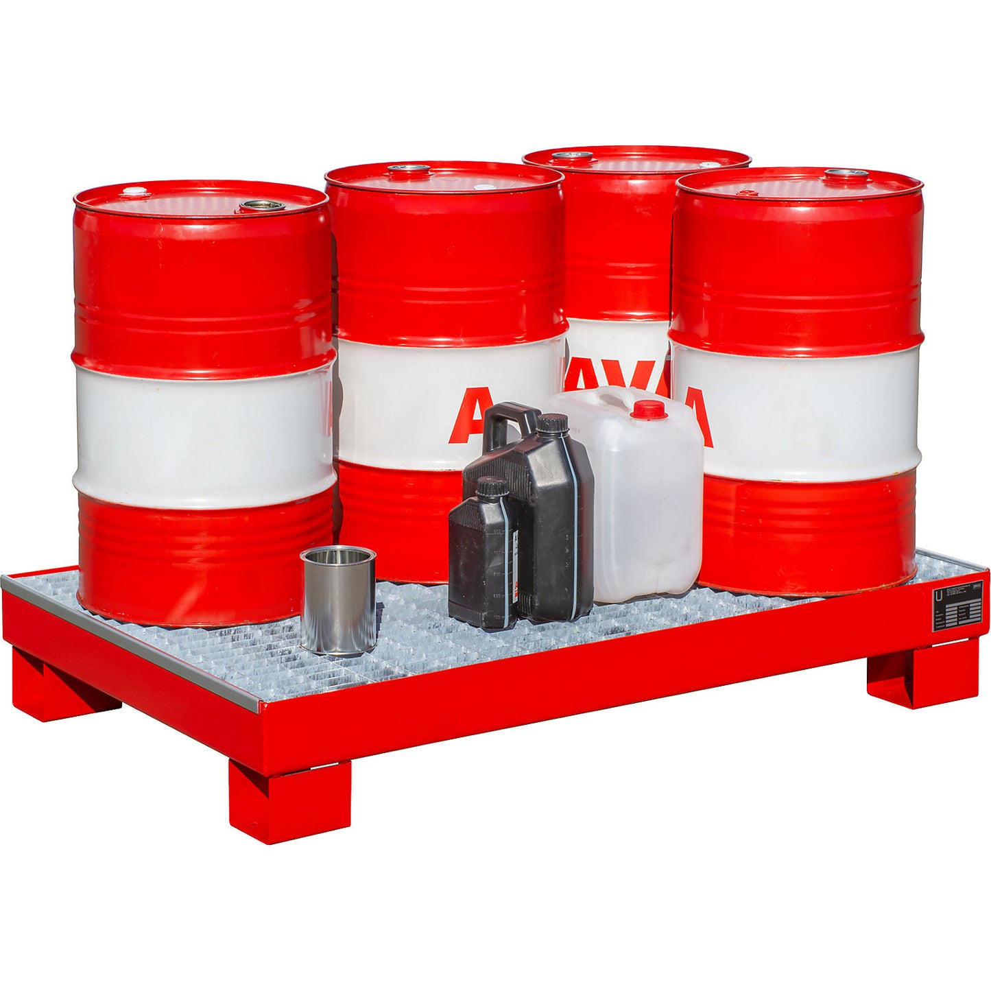 Steel sump tray, LxWxH 800 x 1300 x 205 mm, painted flame red RAL 3000, with grate.