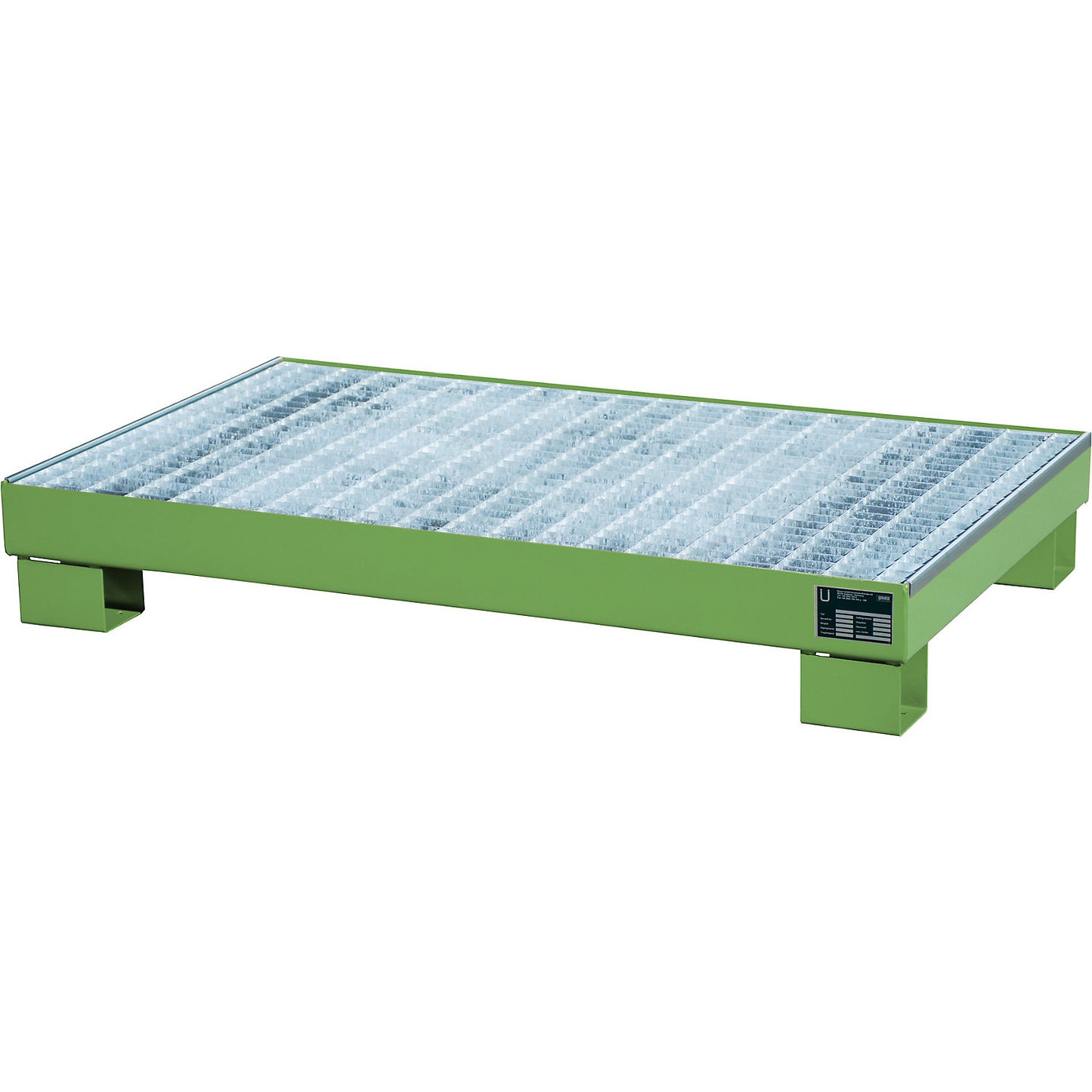 Steel sump tray, LxWxH 800 x 1300 x 205 mm, painted fir green RAL 6011, with grate.