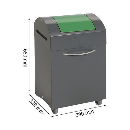 Recyclable waste collector, flame extinguishing, WxD 380 x 320 mm, capacity 45 l, traffic green flap.