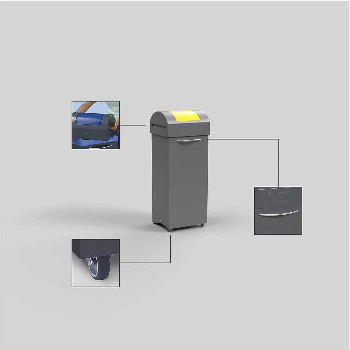 Recyclable waste collector, flame extinguishing, WxD 380 x 320 mm, capacity 75 l, signal yellow flap.