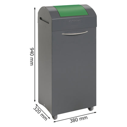 Recyclable waste collector, flame extinguishing, WxD 380 x 320 mm, capacity 75 l, traffic green flap.